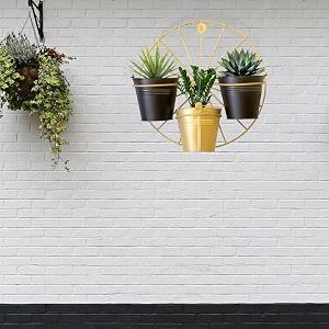 golden wheel hanging metal planter with stand  home decor item  living room planter  decorative for garden - pack of 1