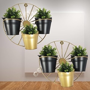 golden wheel hanging metal planter with stand  home decor item  living room planter  decorative for garden - pack of 2