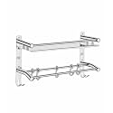 CSI INTERNATIONAL 2-in-1 Stainless Steel Bathroom Shelf with Towel Rod &amp; Hooks | Wall Mounted Bathroom Rack for Storage | Toothbrush &amp; Cloth Holder | Rustproof Organizer Shelf for Washroom
