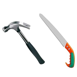 combo of steel edge sharpen teeth pruning saw and shock proof 12lb shaft rubber grip claw hammer