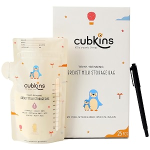 cubkins breast milk storage bags 250ml pack of 25  smart temperature indicator  pre-sterilized bpa free  leak proof double zipper  one-way pour spout  self-standing freezer bags with marker