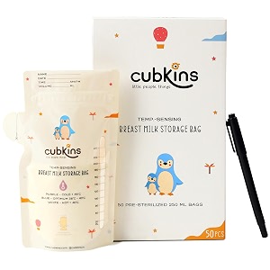 cubkins breast milk storage bags 250ml pack of 50  smart temperature indicator  pre-sterilized bpa free  leak proof double zipper  one-way pour spout  self-standing freezer bags with marker