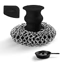 Cuisinel Cast Iron Chainmail Scrubber + Pan Scraper - Deluxe Ergonomic Stainless and Silicone Cleaner for Pots and Skillets - Food-Safe Design - Easy to Clean Dishwasher Safe Cookware Sponge Accessory