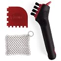 Cuisinel Cast Iron Scrubber Cleaning Brush + Stainless Steel Chainmail + Pan Scraper - Skillet, Grill Cleaner Kit - Soft-Touch Easy-Grip Dish Scrub Tool - Bristles Tough on Grease - Gentle on Cookware