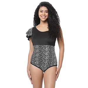 cukoo padded shoulder frill black printed swimwear