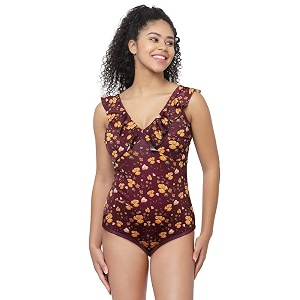 cukoo padded maroon floral criss cross back swimsuit