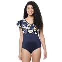 CUKOO Padded Shoulder Frill Navy Blue Floral Printed Swimwear