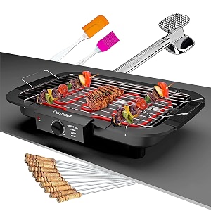 electric barbecue grill smokeless portable adjustable temperature control 2000 watt indoor and outdoor water filled drip tray removable with bbq hammer