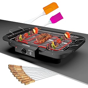 electric barbecue grill smokeless portable adjustable temperature control 2000 watt indoor and outdoor water filled drip tray removable bbq stick spatula