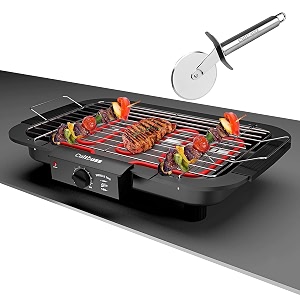 electric barbecue grill smokeless portable adjustable temperature control 2000 watt indoor and outdoor water filled drip tray removable with bbq pizza cutter