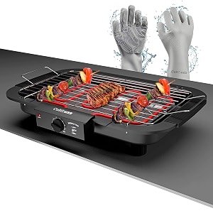 electric barbecue grill smokeless portable adjustable temperature control 2000 watt indoor and outdoor water filled drip tray removable bbq bbq silicon gloves