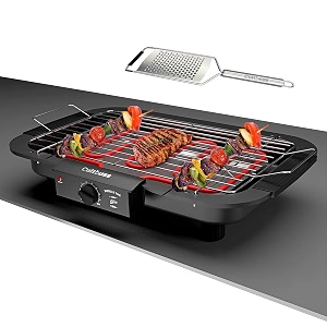 electric barbecue grill smokeless portable adjustable temperature control 2000 watt indoor and outdoor water filled drip tray removable with cheese grater