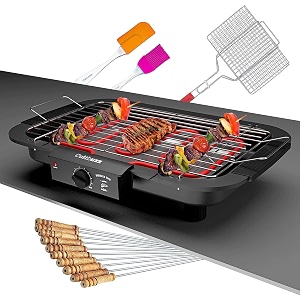 electric barbecue grill smokeless portable adjustable temperature control 2000 watt indoor and outdoor water filled drip tray removable bbq stick net spatula and oil