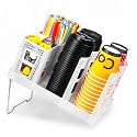Cup and Lid Holder, Disposable Paper Cup Dispenser with Coffee Pod Straw Storage Basket, 6-Compartment Countertop Coffee Cup Holder for Coffee Stations, Break Rooms, Living Rooms (White)