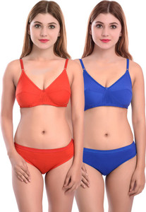 cups-in bra  panty set solid red blue lingerie set