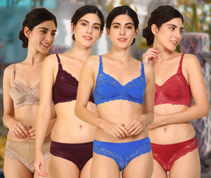 cups-in bra  panty set self design brown maroon blue red lingerie set
