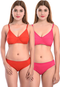 cups-in bra  panty set solid red pink lingerie set