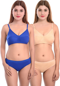cups-in bra  panty set solid blue beige lingerie set