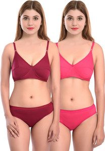 cups-in bra  panty set solid maroon pink lingerie set