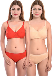 cups-in bra  panty set solid red beige lingerie set