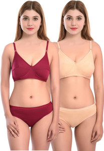 cups-in bra  panty set solid maroon beige lingerie set