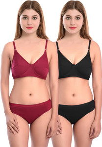 cups-in bra  panty set solid maroon black lingerie set