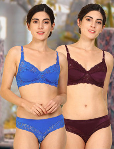 cups-in bra  panty set self design blue maroon lingerie set