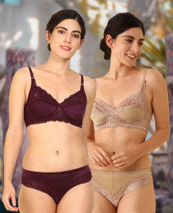 cups-in bra  panty set self design maroon brown lingerie set
