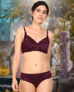 cups-in bra  panty set self design maroon lingerie set