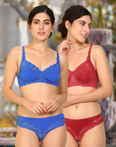cups-in bra  panty set self design blue red lingerie set