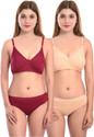 Cup's-In Bra & Panty Set Solid Maroon, Beige Lingerie Set