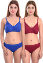 Cup's-In Bra & Panty Set Solid Blue, Maroon Lingerie Set