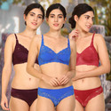 Cup's-In Bra & Panty Set Self Design Maroon, Blue, Red Lingerie Set