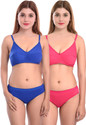 Cup's-In Bra & Panty Set Solid Blue, Pink Lingerie Set