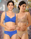 Cup's-In Bra & Panty Set Self Design Blue, Brown Lingerie Set