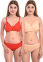 Cup's-In Bra & Panty Set Solid Red, Beige Lingerie Set