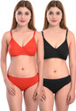 Cup's-In Bra & Panty Set Solid Red, Black Lingerie Set