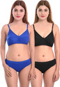 Cup's-In Bra & Panty Set Solid Blue, Black Lingerie Set