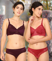 Cup's-In Bra & Panty Set Self Design Maroon, Red Lingerie Set