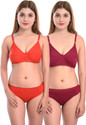 Cup's-In Bra & Panty Set Solid Red, Maroon Lingerie Set