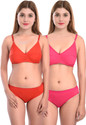 Cup's-In Bra & Panty Set Solid Red, Pink Lingerie Set