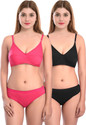 Cup's-In Bra & Panty Set Solid Pink, Black Lingerie Set
