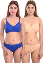 Cup's-In Bra & Panty Set Solid Blue, Beige Lingerie Set