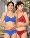 Cup's-In Bra & Panty Set Self Design Blue, Red Lingerie Set
