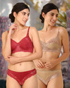 Cup's-In Bra & Panty Set Self Design Red, Brown Lingerie Set