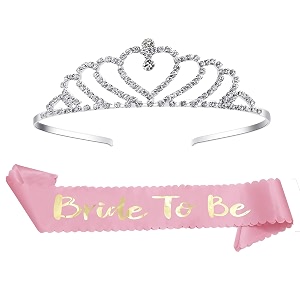 curated cart pink bride to be curved satin sash and crystal heart shape tiara crown combo - elegant bridal accessory set for engagement parties bridal showers and weddings