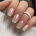 CurvLife Medium French Tip Press On Nails, Nude Lines White, Soft Gel
