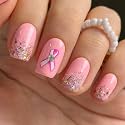 CurvLife Medium Square Glitter Press On Nails, Pink Ribbon, Soft Gel