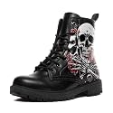 Custom Black Combat Boots for Women Fashion Lace-Up Skull Rose Ankle Booties Chunky Heel Platform Leather Boots
