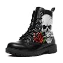 Custom Black Combat Boots for Women Fashion Lace-Up Skull Rose Ankle Booties Chunky Heel Platform Leather Boots